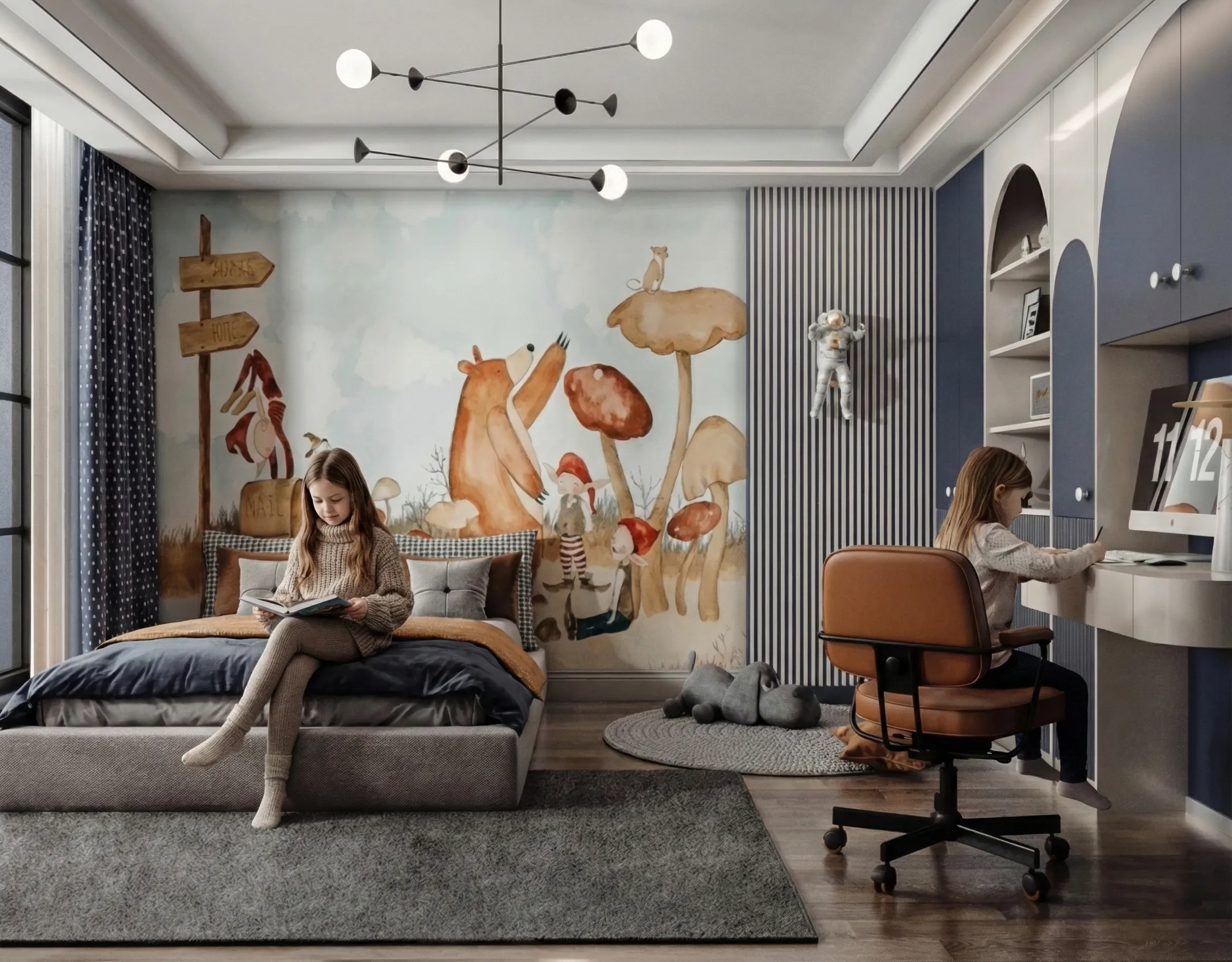 modern-kids-bedroom-design-woodland-mural-study-desk-visualization